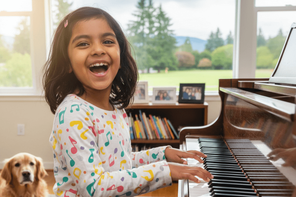 A child practicing piano at home