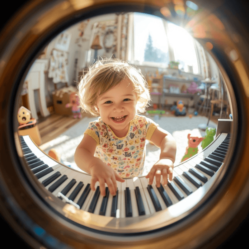 Happy child playing piano